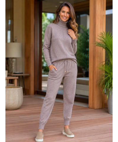 Comprar conjunto tricot feminino 2 peças suéter gola alta calça jogger canelada malha inverno barata em promoção Anellimn