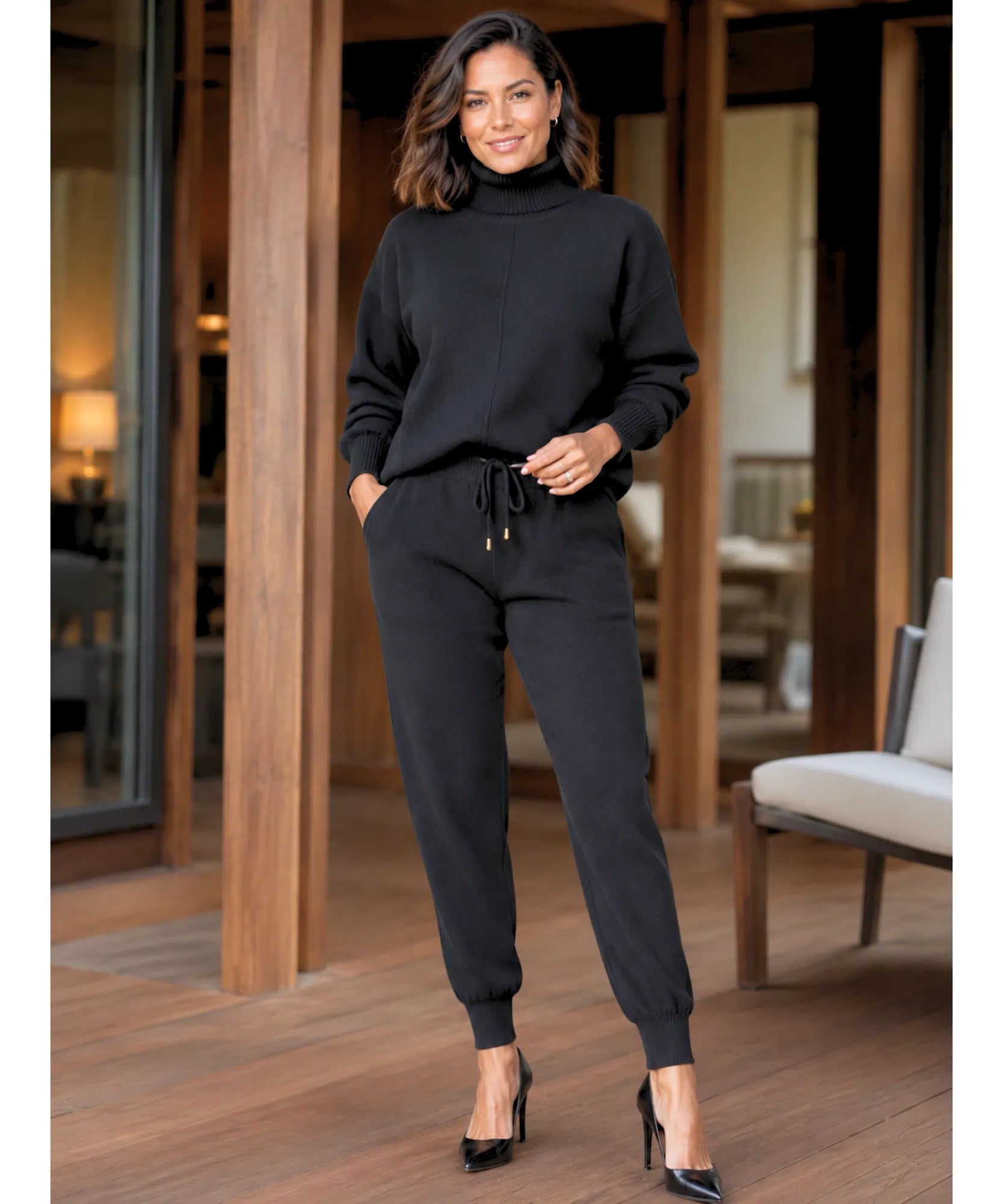Comprar conjunto tricot feminino 2 peças suéter gola alta calça jogger canelada malha inverno barata em promoção Anellimn