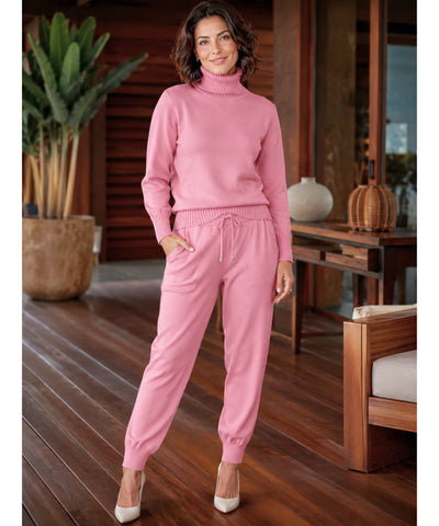 Comprar conjunto tricot feminino 2 peças suéter gola alta calça jogger canelada malha inverno barata em promoção Anellimn