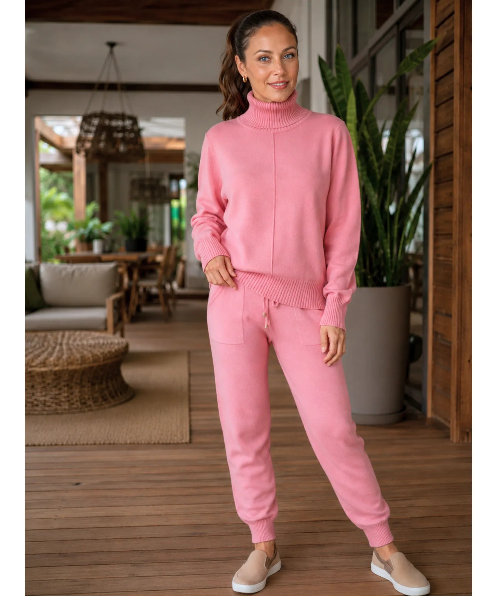 Comprar conjunto tricot feminino 2 peças suéter gola alta calça jogger canelada malha inverno barata em promoção Anellimn