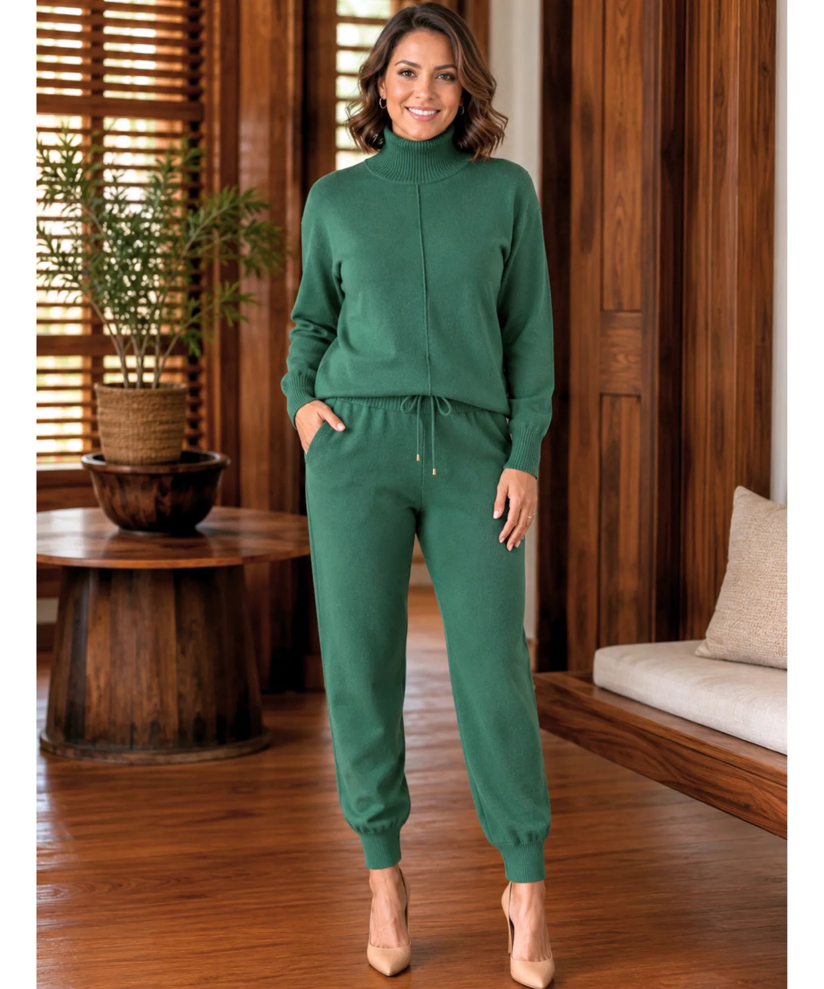 Comprar conjunto tricot feminino 2 peças suéter gola alta calça jogger canelada malha inverno barata em promoção Anellimn