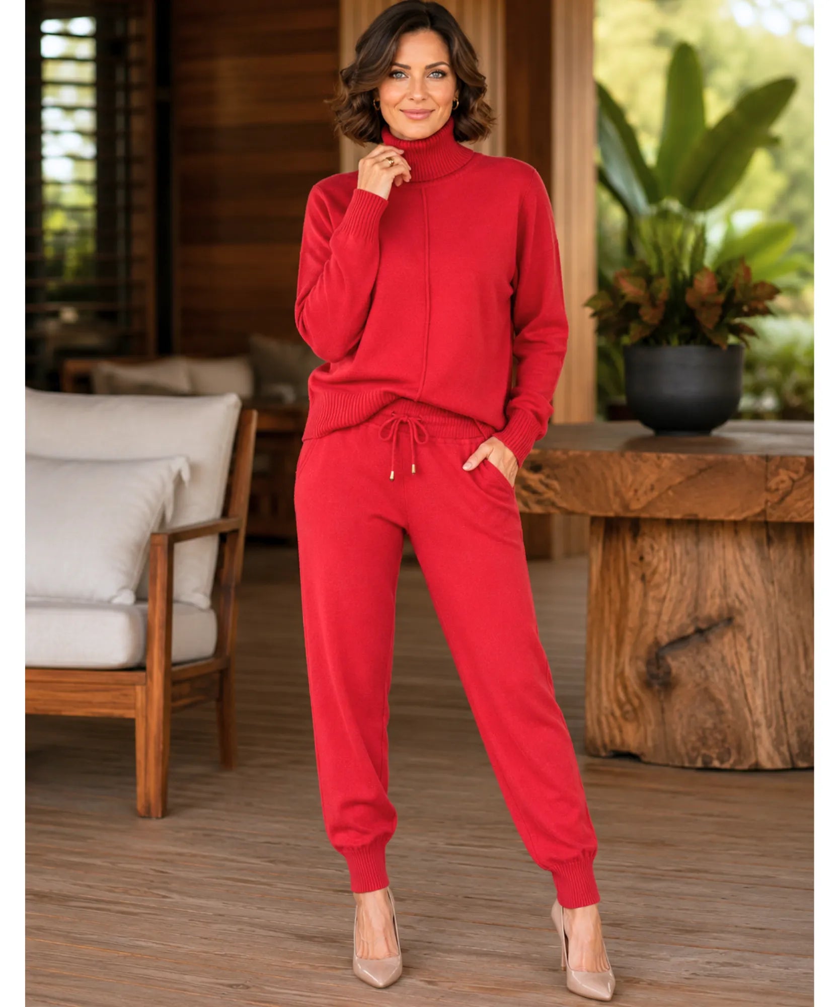 Comprar conjunto tricot feminino 2 peças suéter gola alta calça jogger canelada malha inverno barata em promoção Anellimn