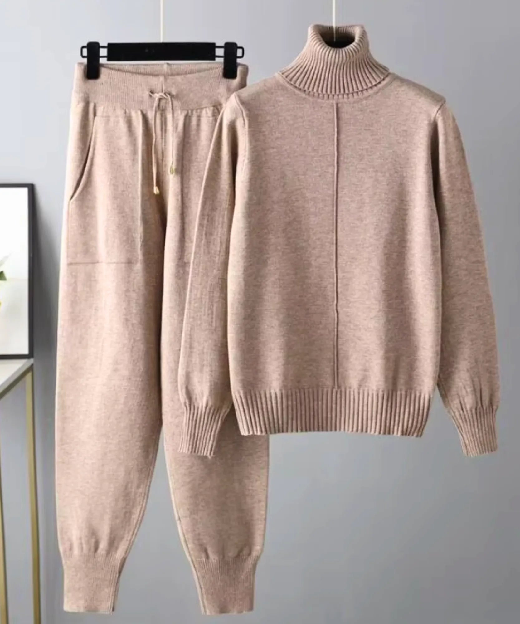 Comprar conjunto tricot feminino 2 peças suéter gola alta calça jogger canelada malha inverno barata em promoção Anellimn
