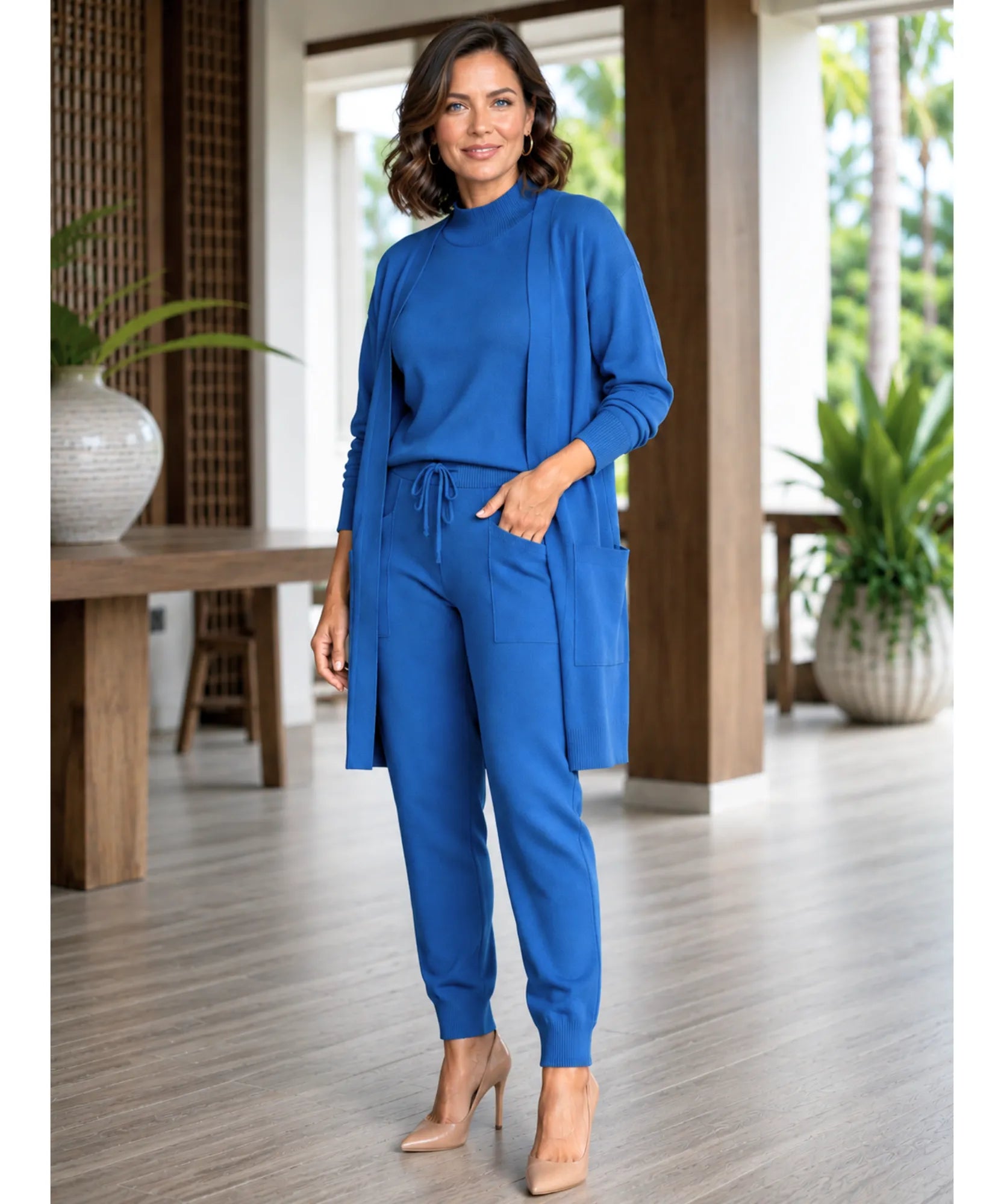 Comprar conjunto tricot feminino 3 peças cardigan longo blusa gola alta calça jogger malha inverno barata em promoção Anellimn
