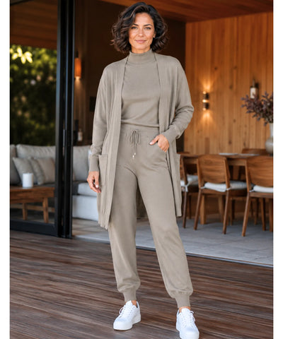 Comprar conjunto tricot feminino 3 peças cardigan longo blusa gola alta calça jogger malha inverno barata em promoção Anellimn