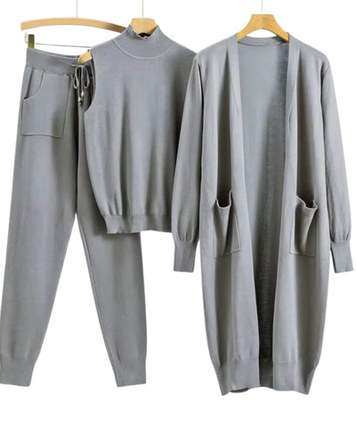 Comprar conjunto tricot feminino 3 peças cardigan longo blusa gola alta calça jogger malha inverno barata em promoção Anellimn