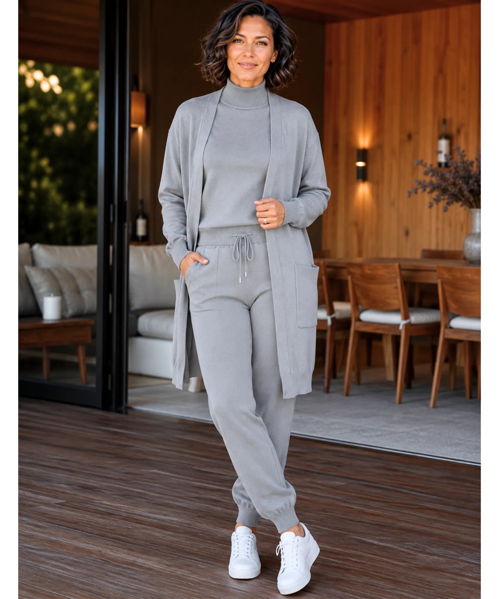 Comprar conjunto tricot feminino 3 peças cardigan longo blusa gola alta calça jogger malha inverno barata em promoção Anellimn