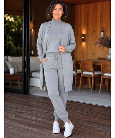 Comprar conjunto tricot feminino 3 peças cardigan longo blusa gola alta calça jogger malha inverno barata em promoção Anellimn