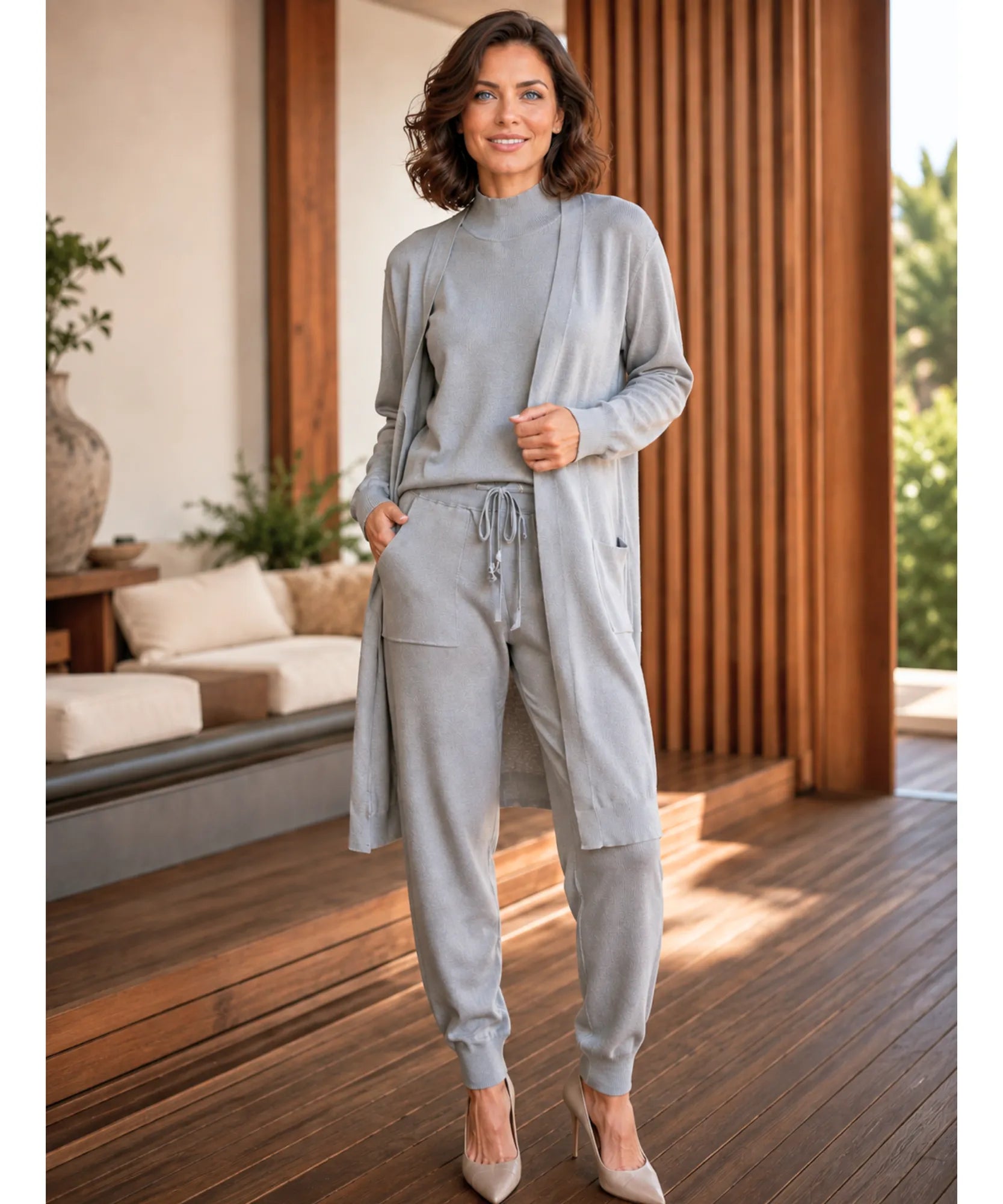 Comprar conjunto tricot feminino 3 peças cardigan longo blusa gola alta calça jogger malha inverno barata em promoção Anellimn