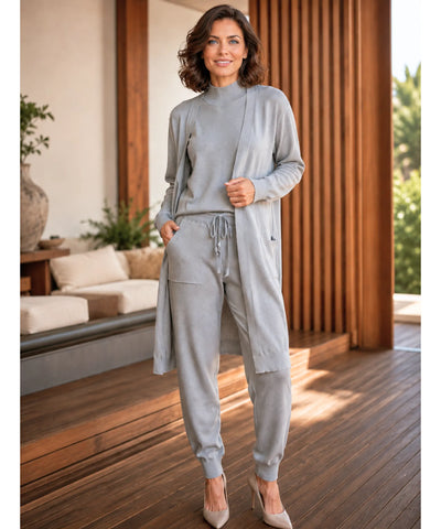 Comprar conjunto tricot feminino 3 peças cardigan longo blusa gola alta calça jogger malha inverno barata em promoção Anellimn