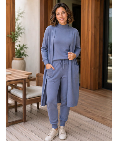 Comprar conjunto tricot feminino 3 peças cardigan longo blusa gola alta calça jogger malha inverno barata em promoção Anellimn
