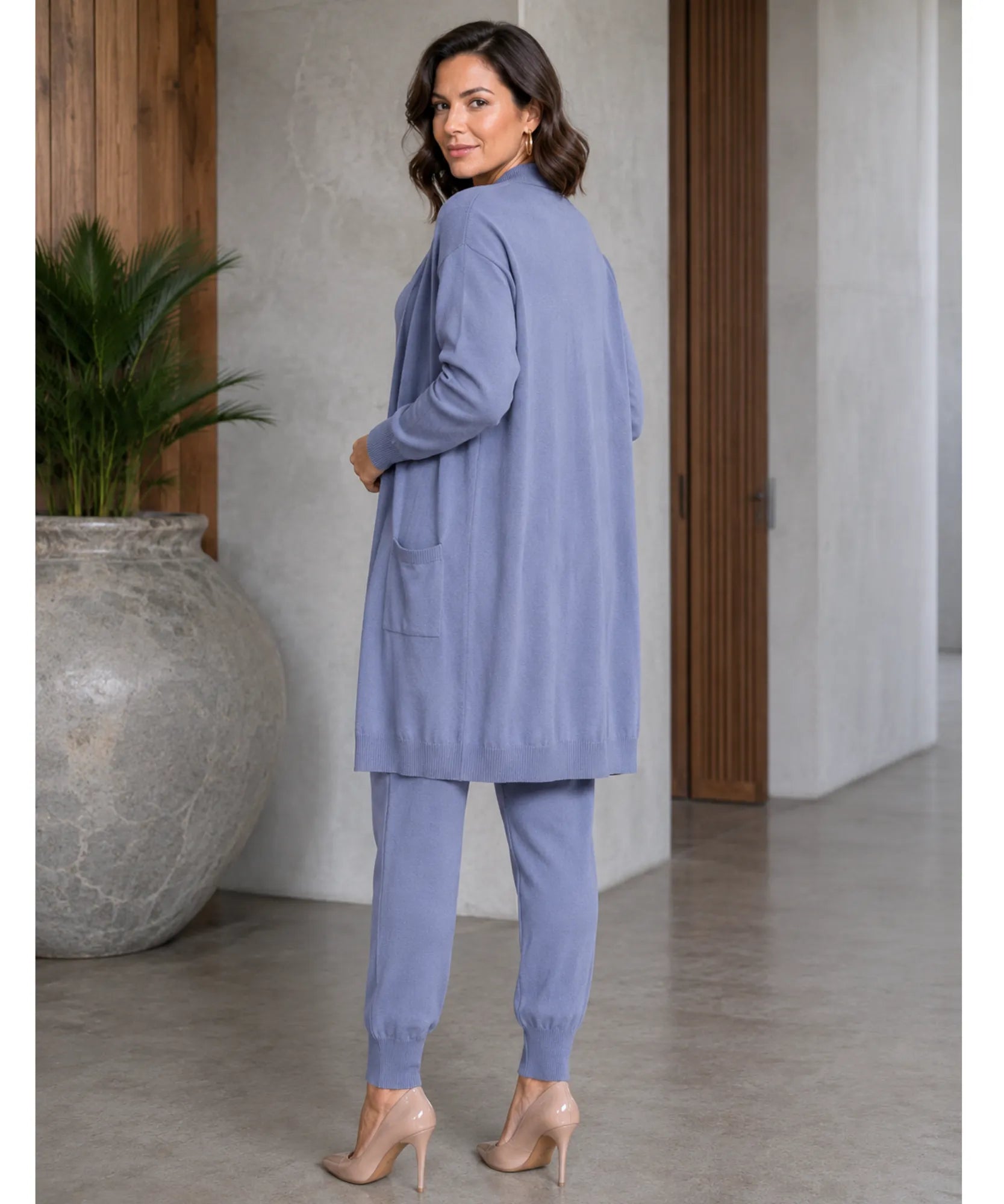 Comprar conjunto tricot feminino 3 peças cardigan longo blusa gola alta calça jogger malha inverno barata em promoção Anellimn