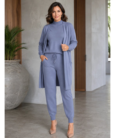 Comprar conjunto tricot feminino 3 peças cardigan longo blusa gola alta calça jogger malha inverno barata em promoção Anellimn