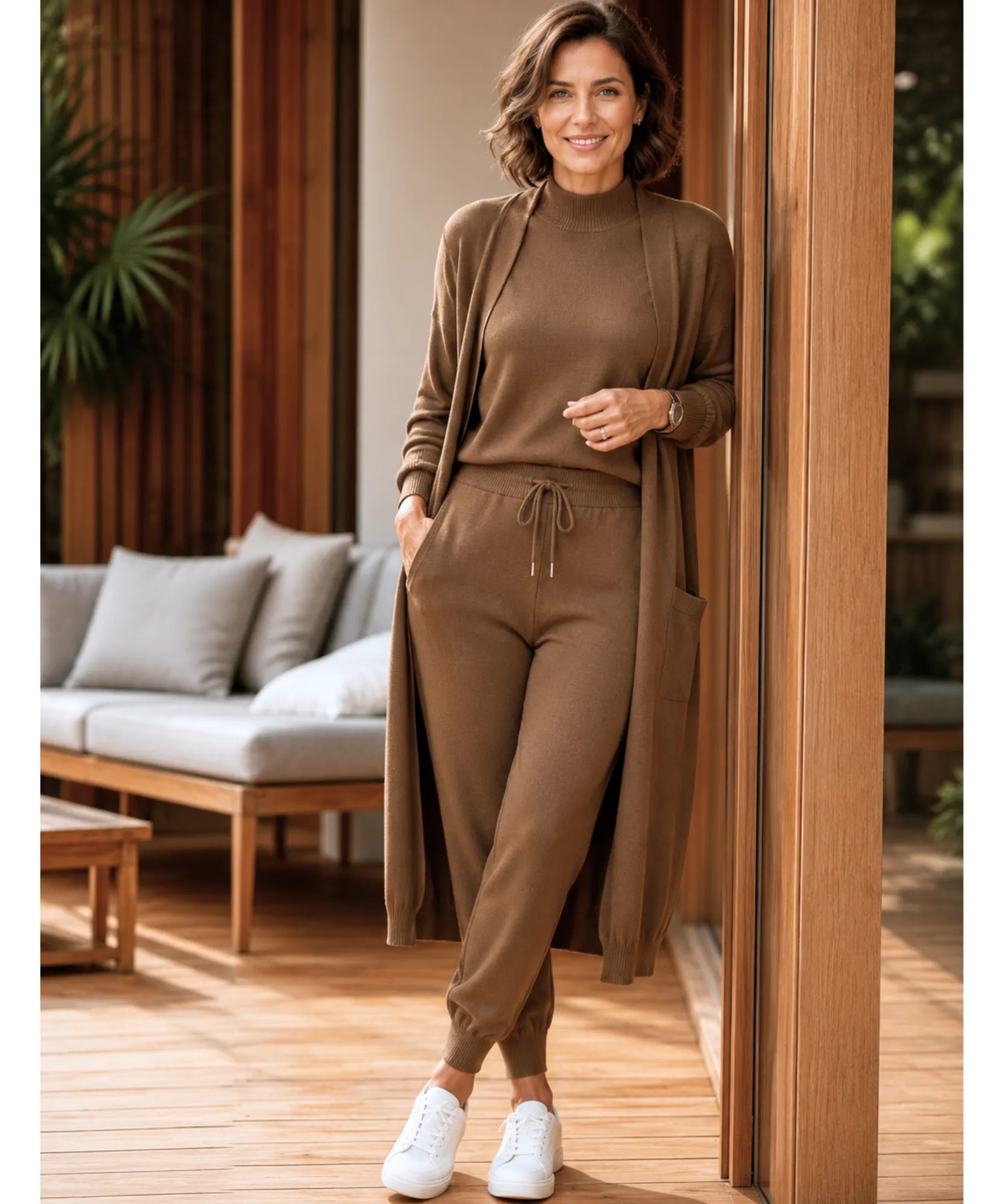 Comprar conjunto tricot feminino 3 peças cardigan longo blusa gola alta calça jogger malha inverno barata em promoção Anellimn