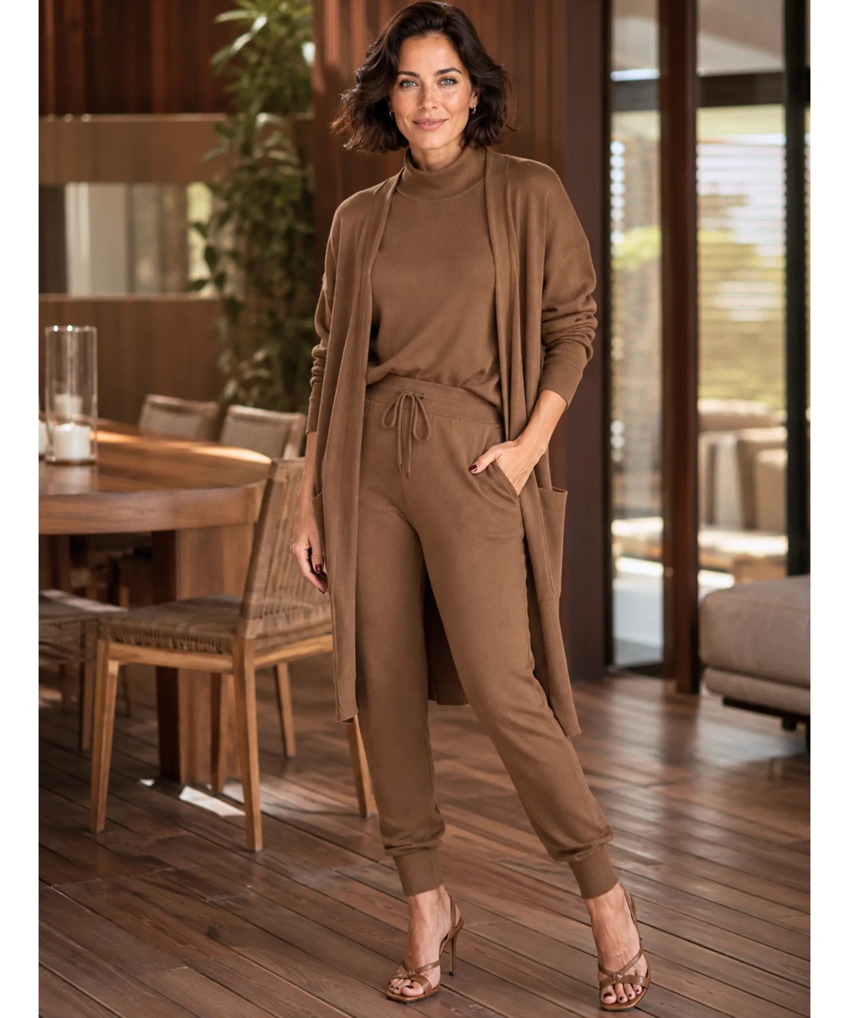 Comprar conjunto tricot feminino 3 peças cardigan longo blusa gola alta calça jogger malha inverno barata em promoção Anellimn