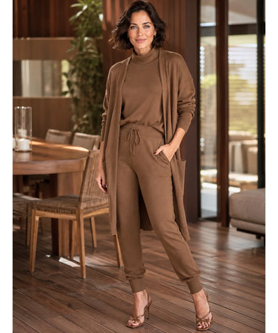 Comprar conjunto tricot feminino 3 peças cardigan longo blusa gola alta calça jogger malha inverno barata em promoção Anellimn