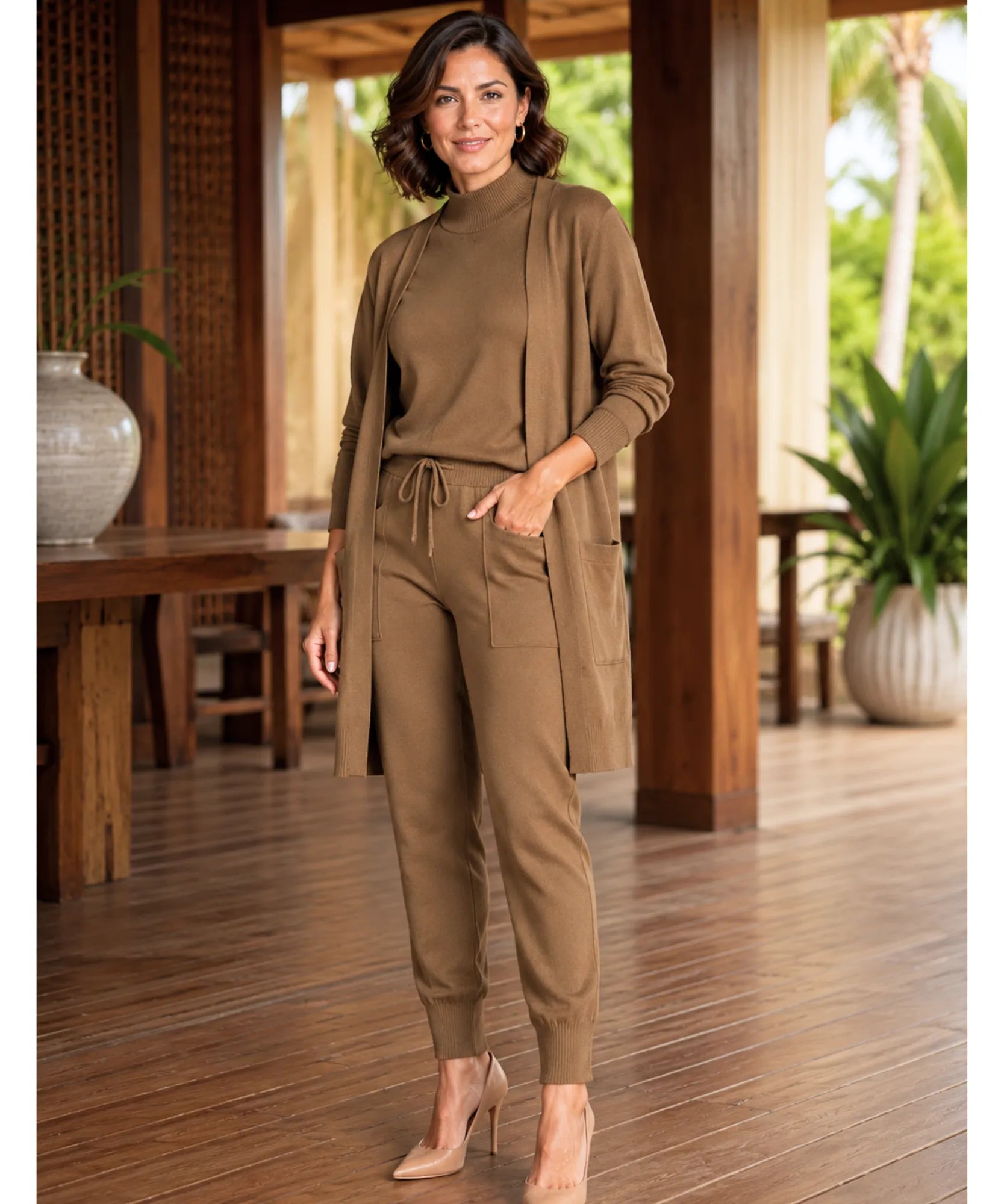 Comprar conjunto tricot feminino 3 peças cardigan longo blusa gola alta calça jogger malha inverno barata em promoção Anellimn
