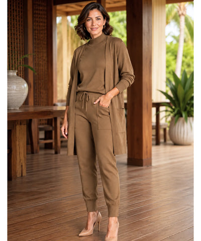 Comprar conjunto tricot feminino 3 peças cardigan longo blusa gola alta calça jogger malha inverno barata em promoção Anellimn