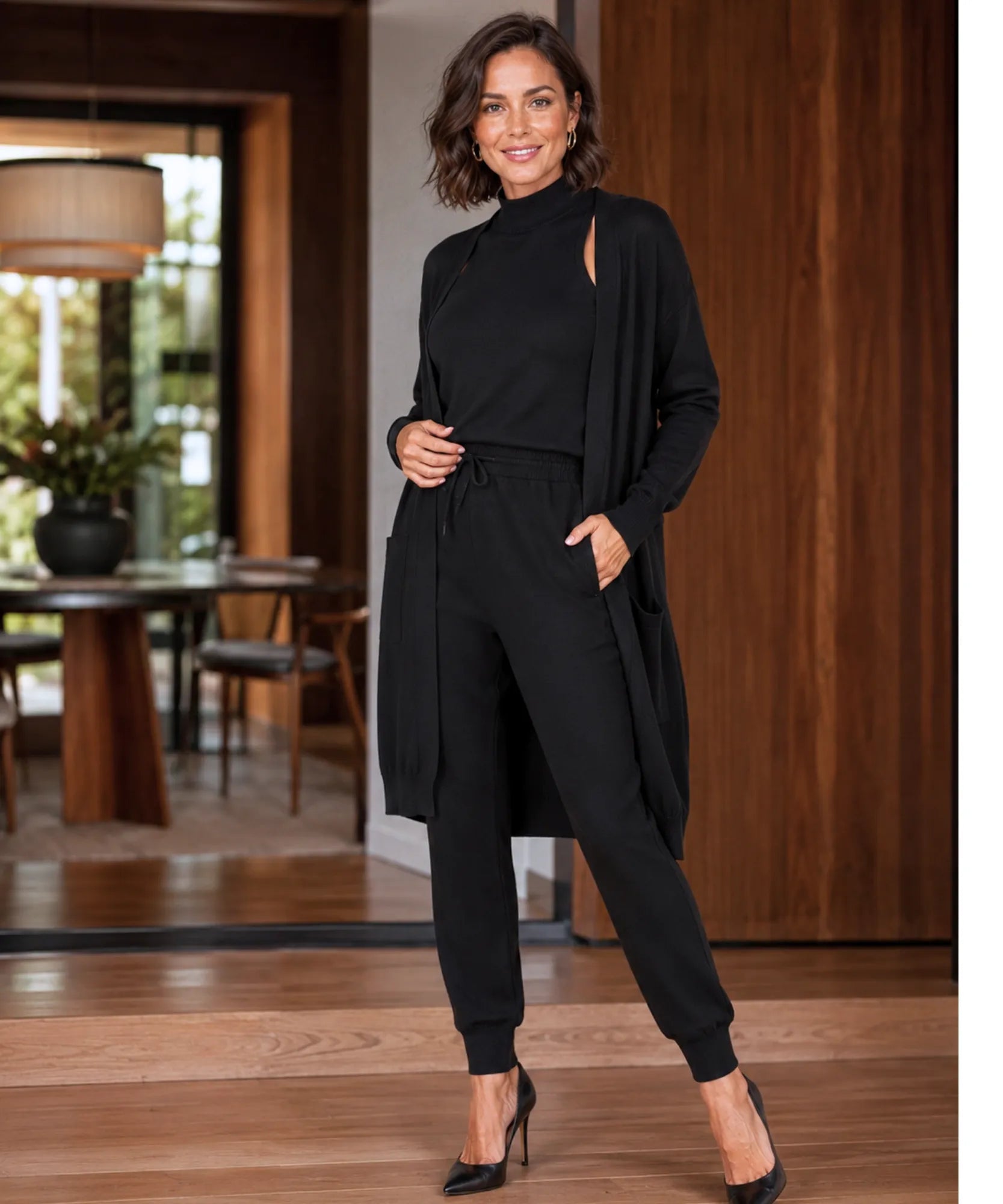 Comprar conjunto tricot feminino 3 peças cardigan longo blusa gola alta calça jogger malha inverno barata em promoção Anellimn