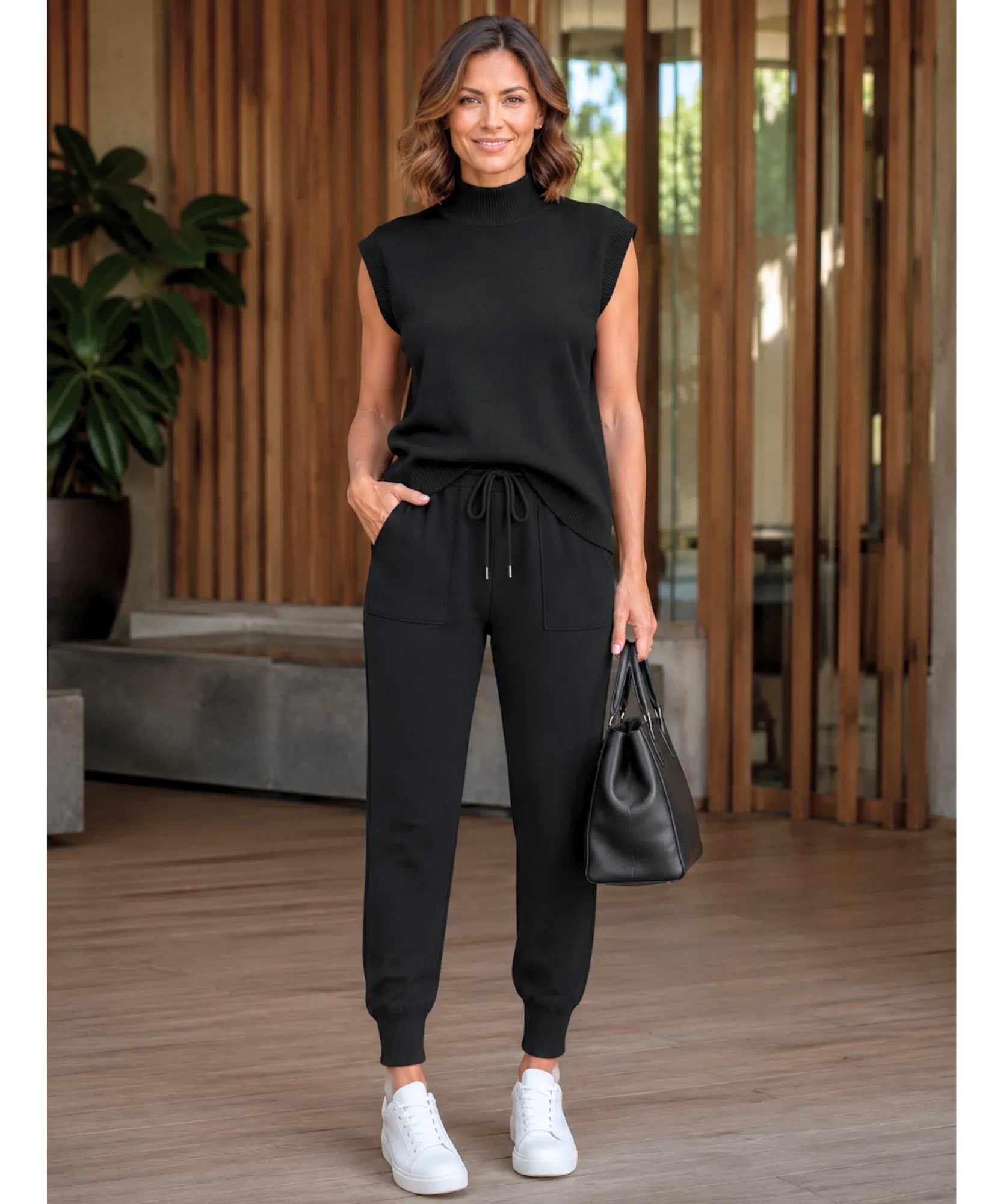 Comprar conjunto tricot feminino 3 peças cardigan longo blusa gola alta calça jogger malha inverno barata em promoção Anellimn