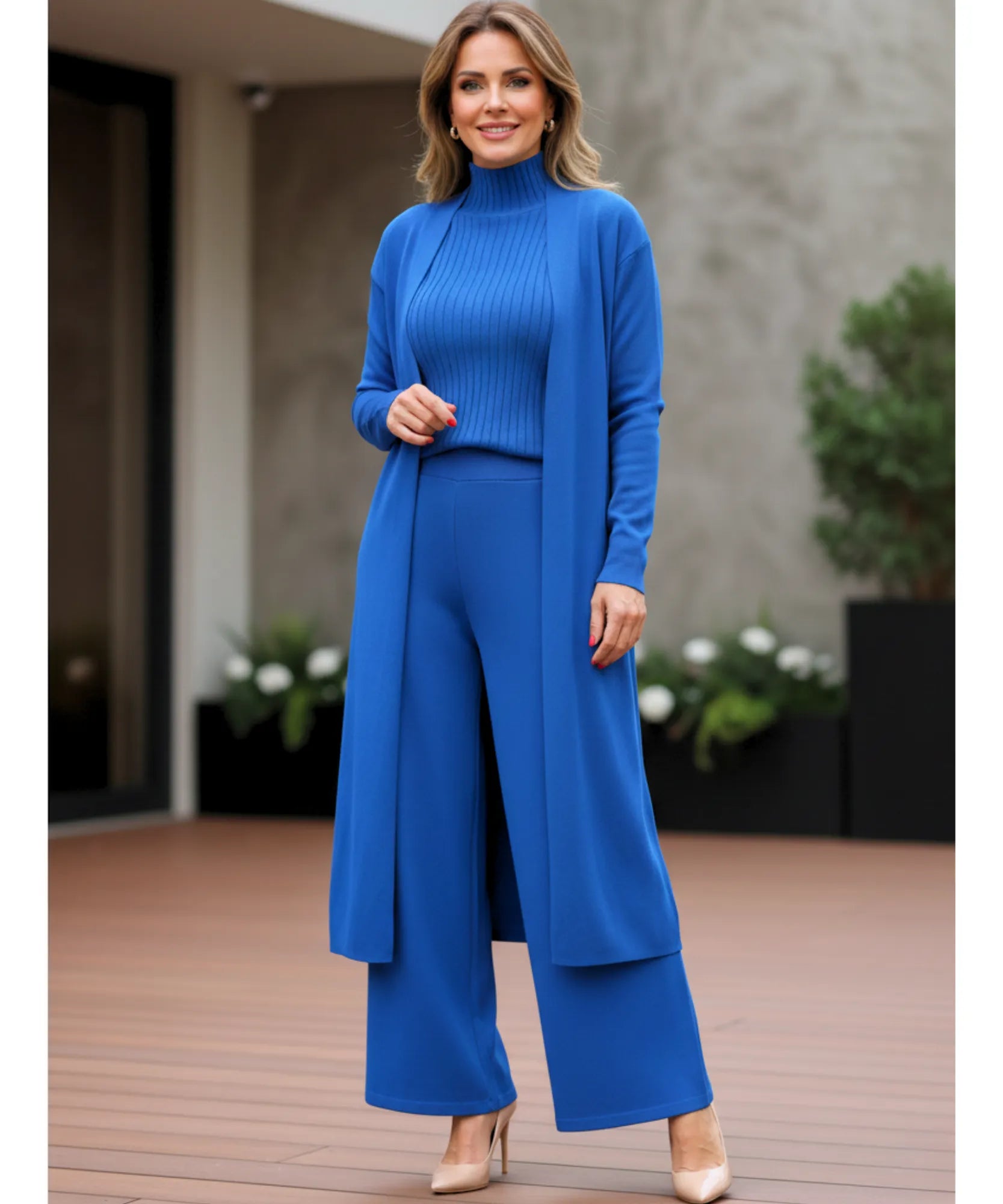 Comprar conjunto tricot feminino 3 peças cardigan longo blusa gola alta canelada e calça pantalona elegante em promoção  ZARA