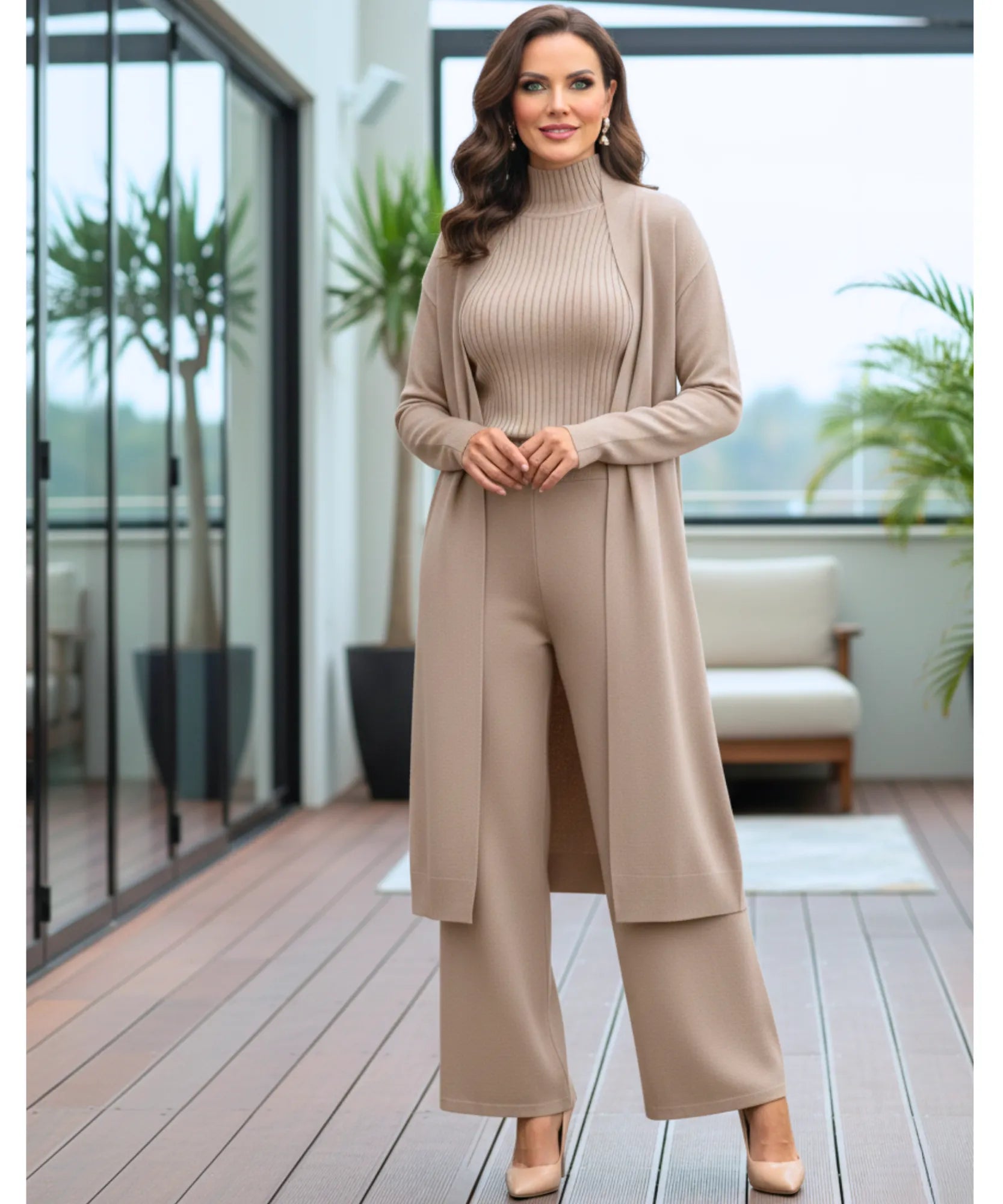 Comprar conjunto tricot feminino 3 peças cardigan longo blusa gola alta canelada e calça pantalona elegante em promoção  ZARA