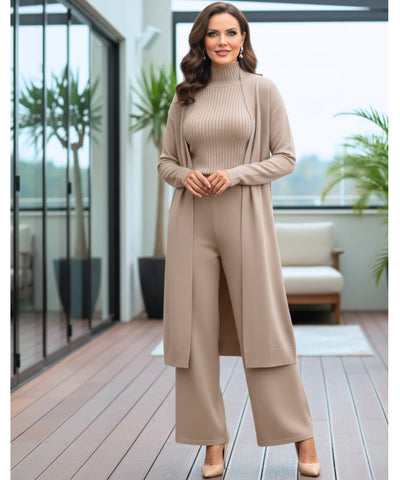 Comprar conjunto tricot feminino 3 peças cardigan longo blusa gola alta canelada e calça pantalona elegante em promoção  ZARA