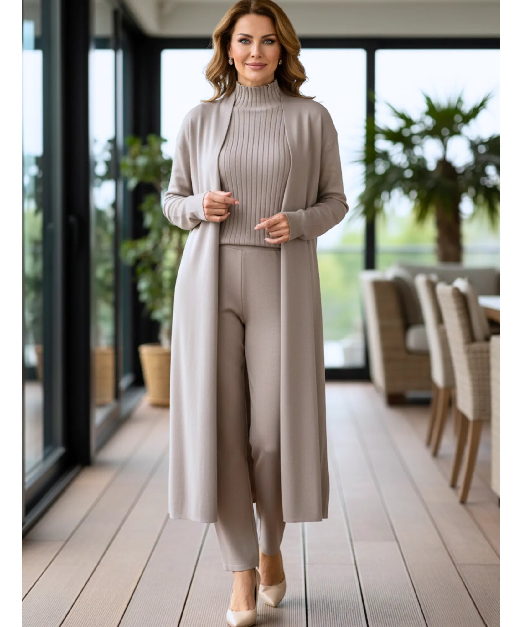 Comprar conjunto tricot feminino 3 peças cardigan longo blusa gola alta canelada e calça pantalona elegante em promoção  ZARA