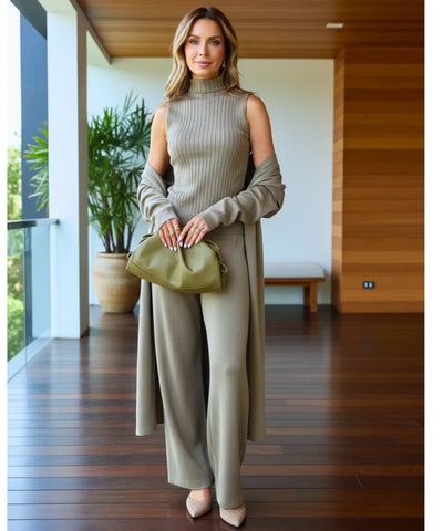 Comprar conjunto tricot feminino 3 peças cardigan longo blusa gola alta canelada e calça pantalona elegante em promoção  ZARA
