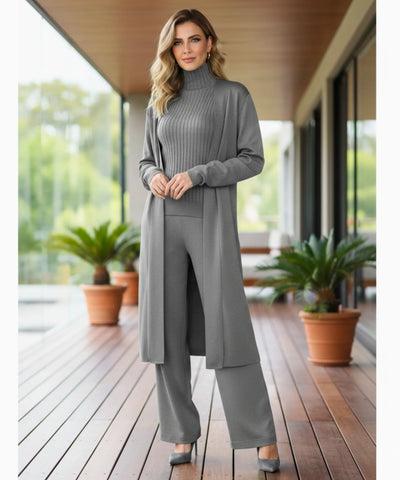 Comprar conjunto tricot feminino 3 peças cardigan longo blusa gola alta canelada e calça pantalona elegante em promoção  ZARA