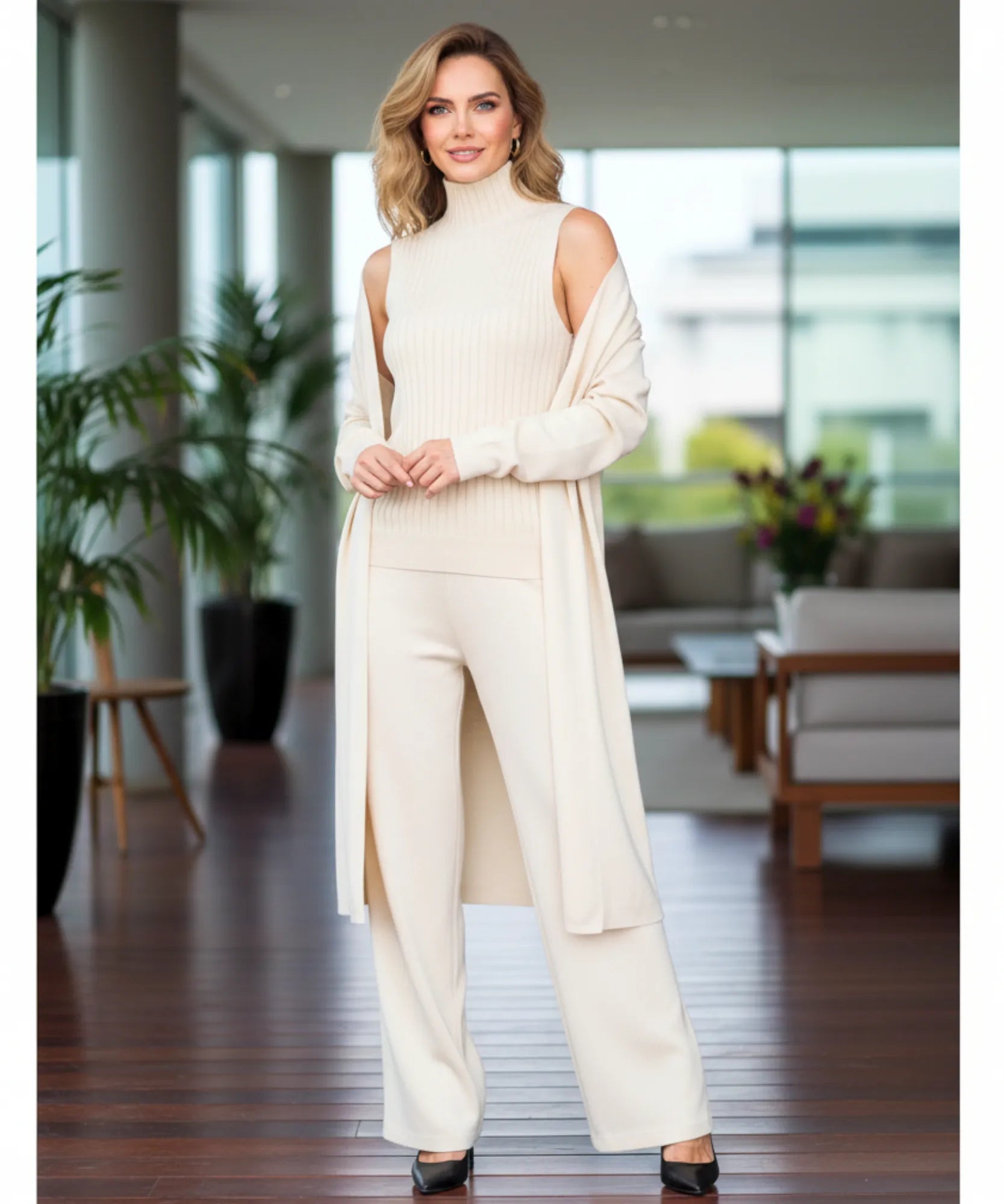 Comprar conjunto tricot feminino 3 peças cardigan longo blusa gola alta canelada e calça pantalona elegante em promoção  ZARA