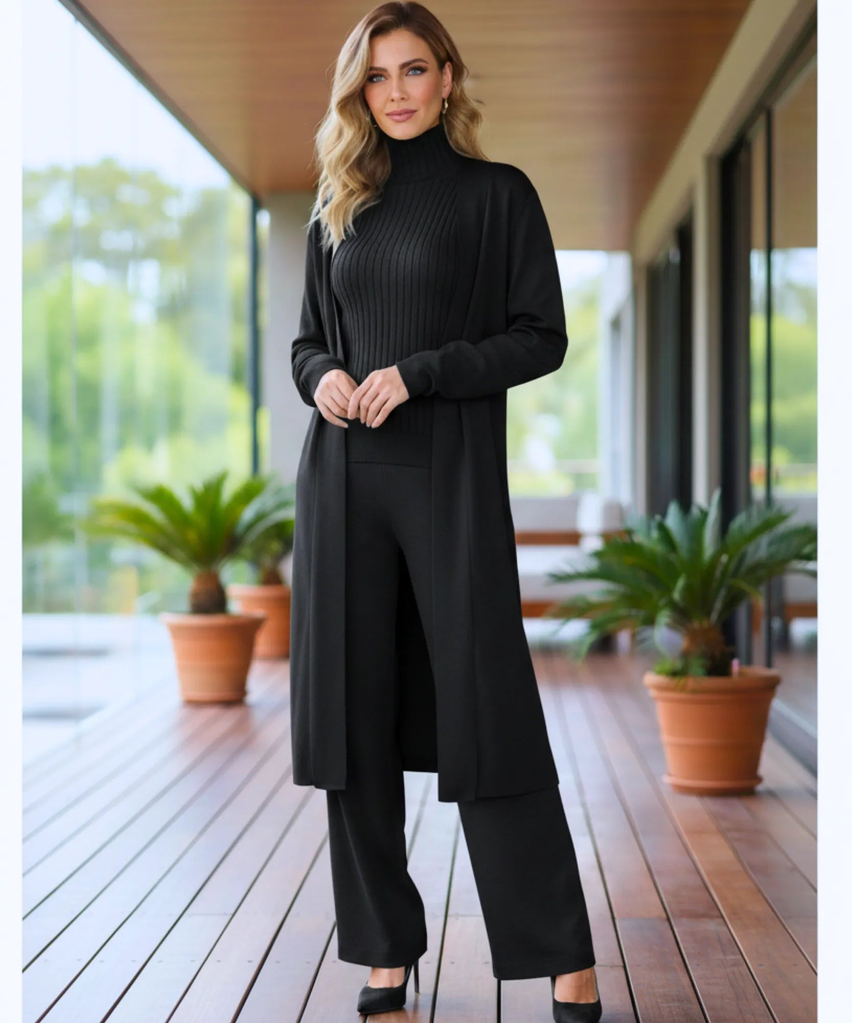 Comprar conjunto tricot feminino 3 peças cardigan longo blusa gola alta canelada e calça pantalona elegante em promoção  ZARA