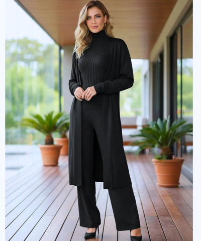 Comprar conjunto tricot feminino 3 peças cardigan longo blusa gola alta canelada e calça pantalona elegante em promoção  ZARA