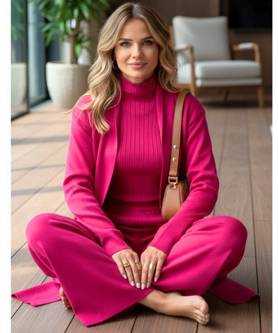 Conjunto Tricot Feminino 3 Peças Cardigan e Pantalona Elegante | Malik