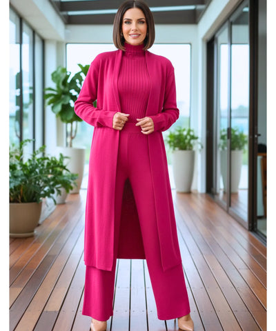 Comprar conjunto tricot feminino 3 peças cardigan longo blusa gola alta canelada e calça pantalona elegante em promoção  ZARA