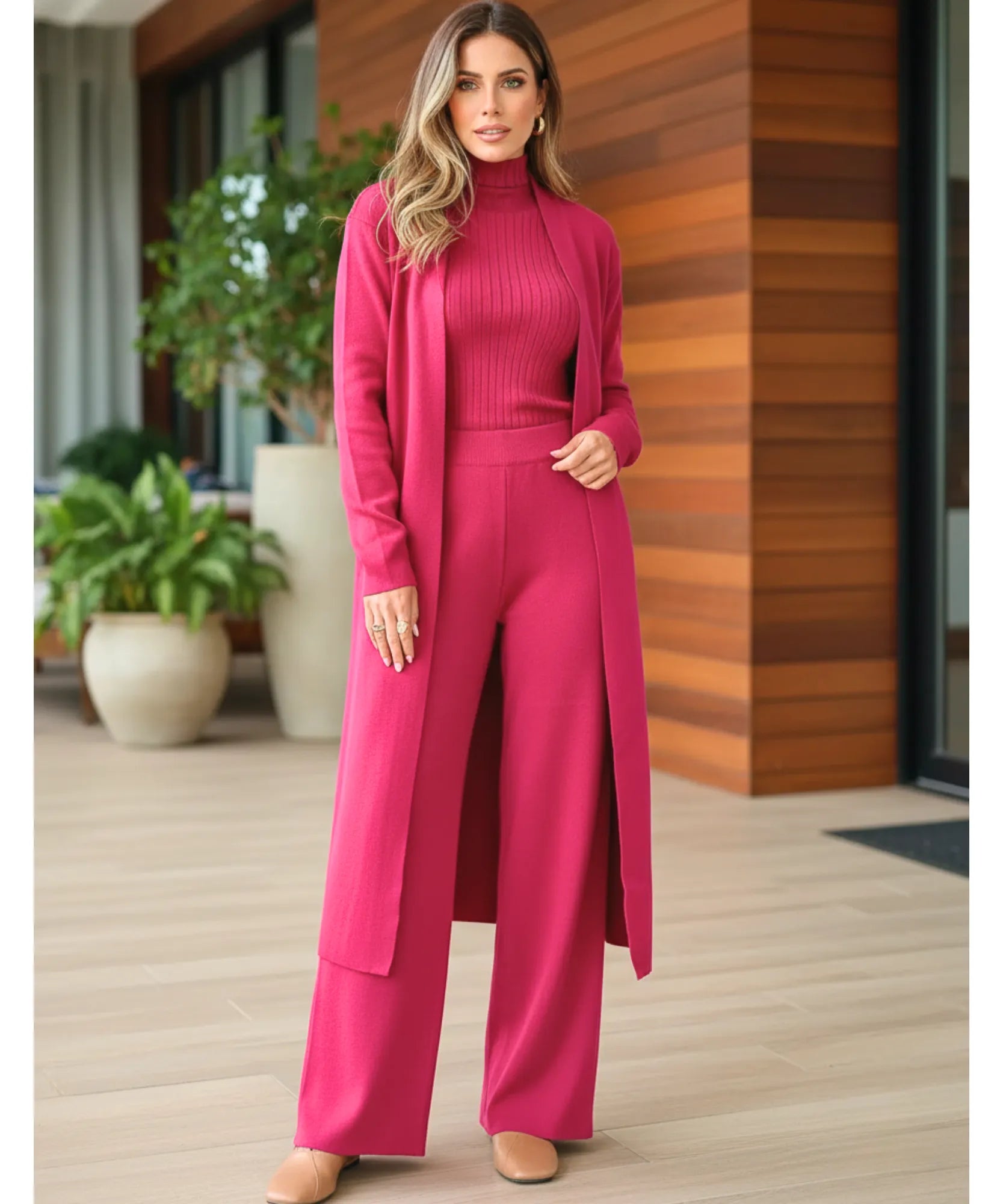 Comprar conjunto tricot feminino 3 peças cardigan longo blusa gola alta canelada e calça pantalona elegante em promoção  ZARA