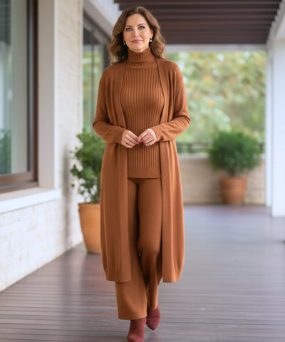 Comprar conjunto tricot feminino 3 peças cardigan longo blusa gola alta canelada e calça pantalona elegante em promoção  ZARA