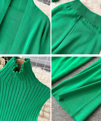 Conjunto Tricot Feminino 3 Peças Cardigan e Pantalona Elegante | Malik