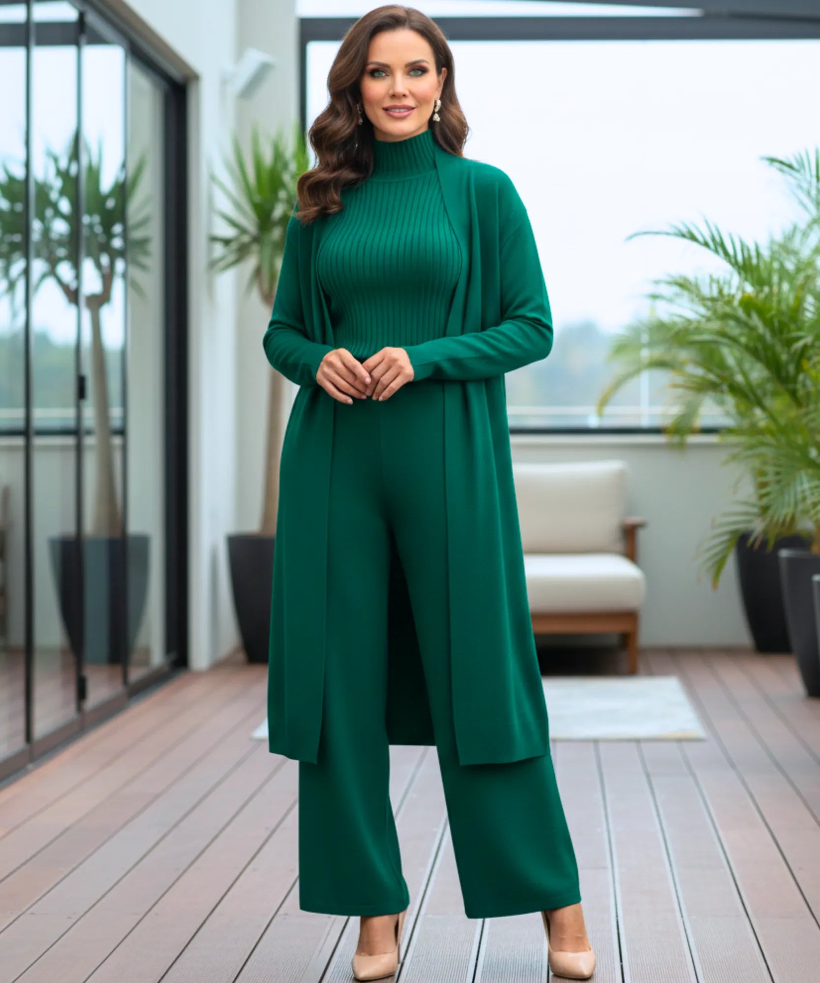 Comprar conjunto tricot feminino 3 peças cardigan longo blusa gola alta canelada e calça pantalona elegante em promoção  ZARA