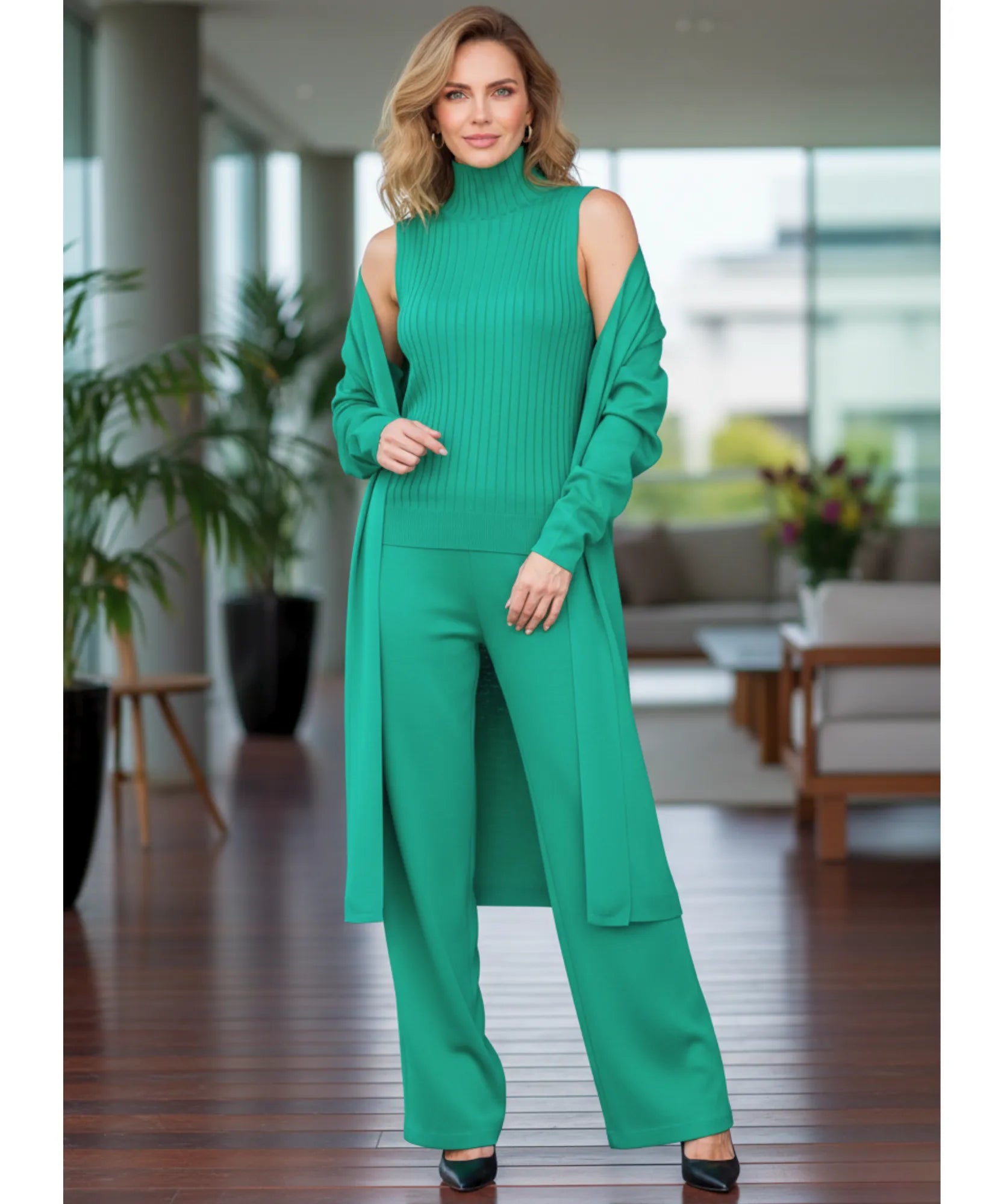 Comprar conjunto tricot feminino 3 peças cardigan longo blusa gola alta canelada e calça pantalona elegante em promoção  ZARA