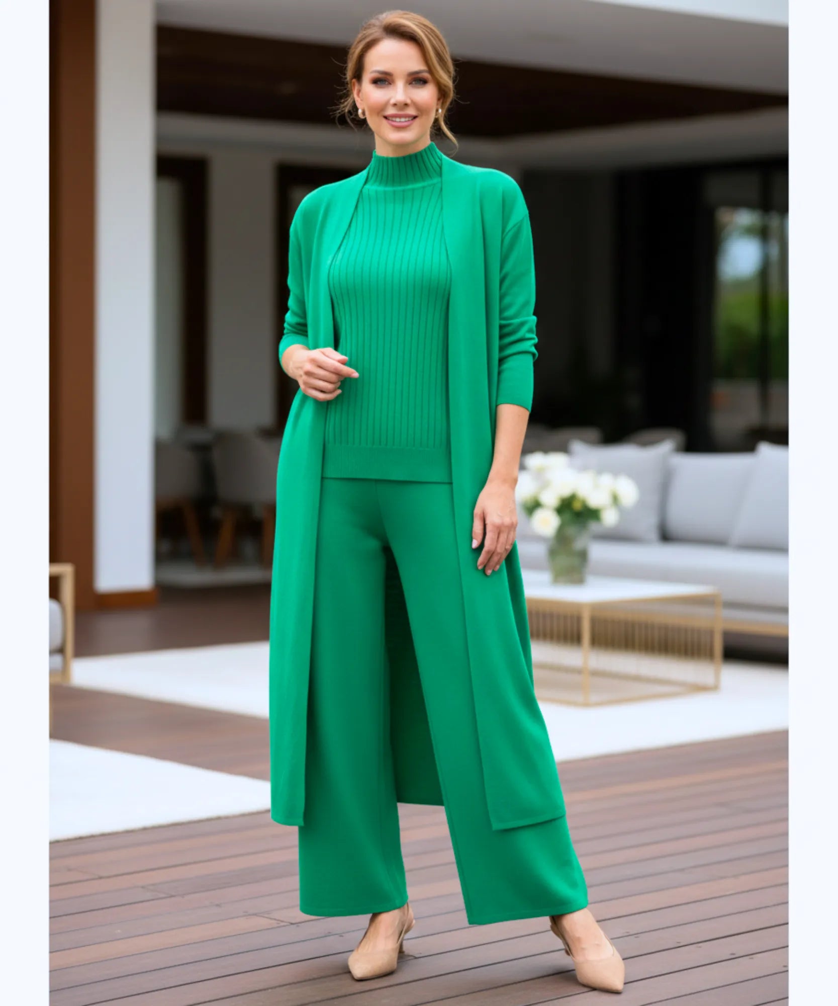 Comprar conjunto tricot feminino 3 peças cardigan longo blusa gola alta canelada e calça pantalona elegante em promoção  ZARA