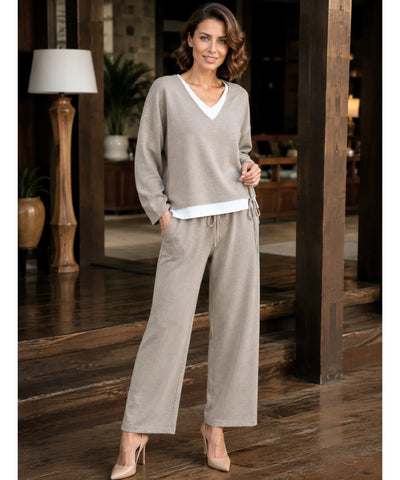 Comprar conjunto tricot feminino 2 peças blusa gola V bicolor calça pantalona canelada casual elegante barata em promoção Anellimn
