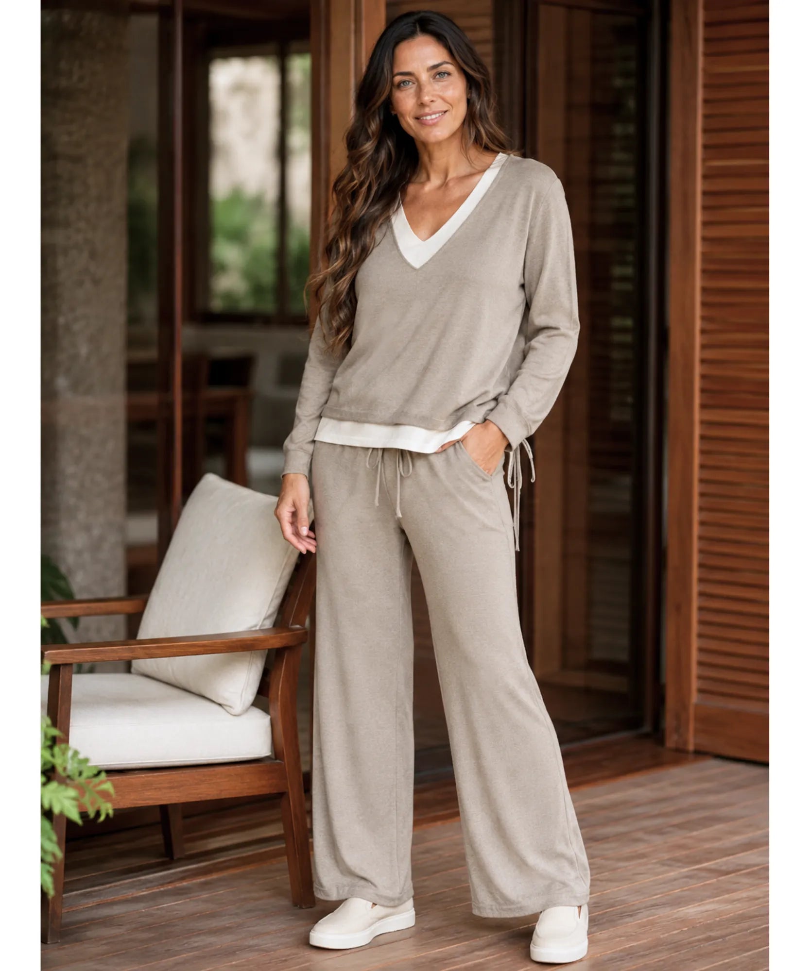 Comprar conjunto tricot feminino 2 peças blusa gola V bicolor calça pantalona canelada casual elegante barata em promoção Anellimn