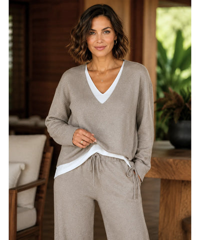 Comprar conjunto tricot feminino 2 peças blusa gola V bicolor calça pantalona canelada casual elegante barata em promoção Anellimn