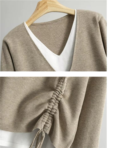 Comprar conjunto tricot feminino 2 peças blusa gola V bicolor calça pantalona canelada casual elegante barata em promoção Anellimn