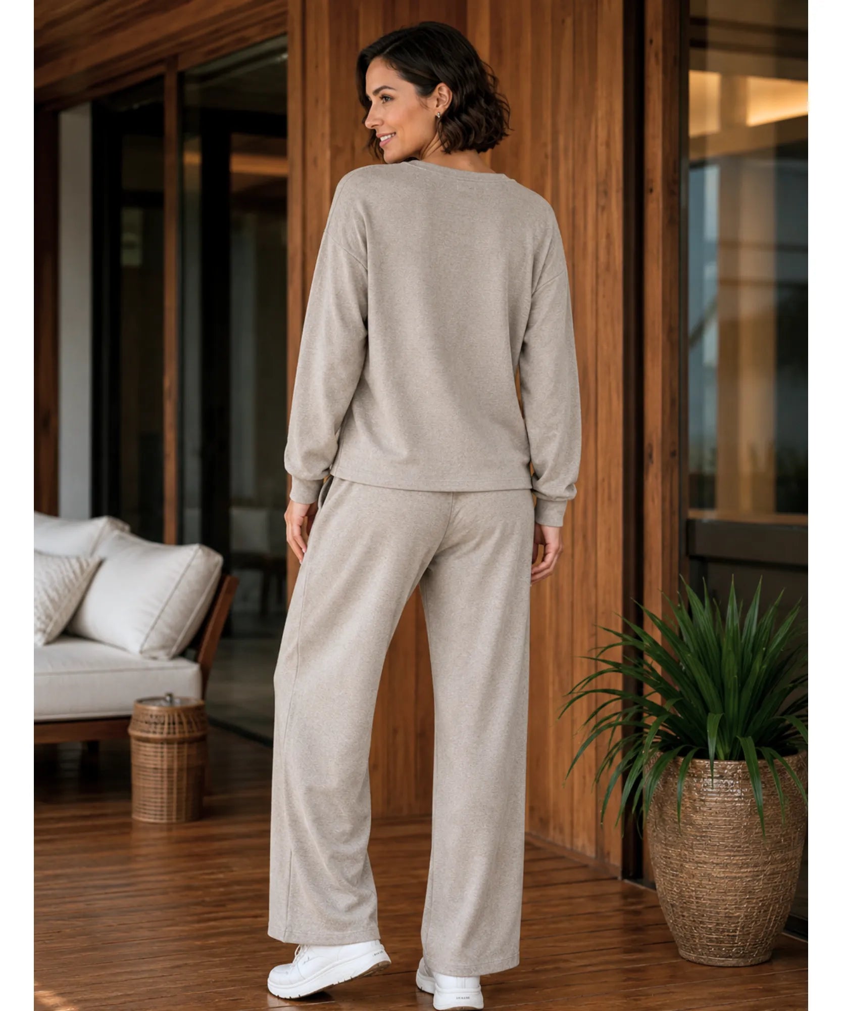 Comprar conjunto tricot feminino 2 peças blusa gola V bicolor calça pantalona canelada casual elegante barata em promoção Anellimn