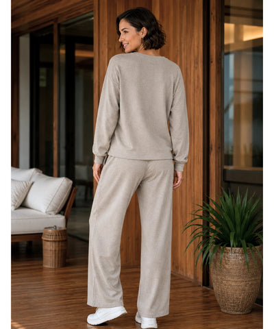 Comprar conjunto tricot feminino 2 peças blusa gola V bicolor calça pantalona canelada casual elegante barata em promoção Anellimn