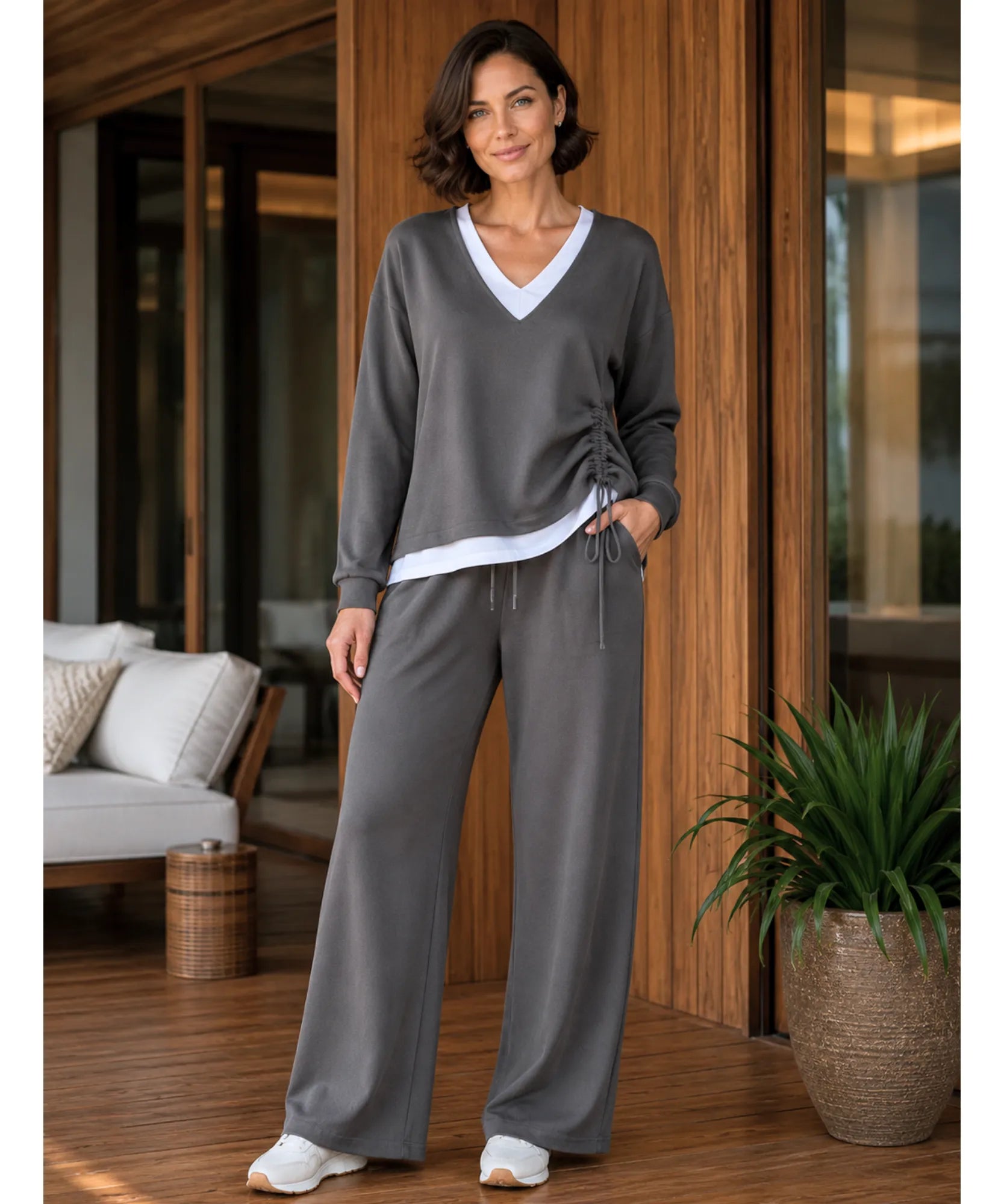 Comprar conjunto tricot feminino 2 peças blusa gola V bicolor calça pantalona canelada casual elegante barata em promoção Anellimn