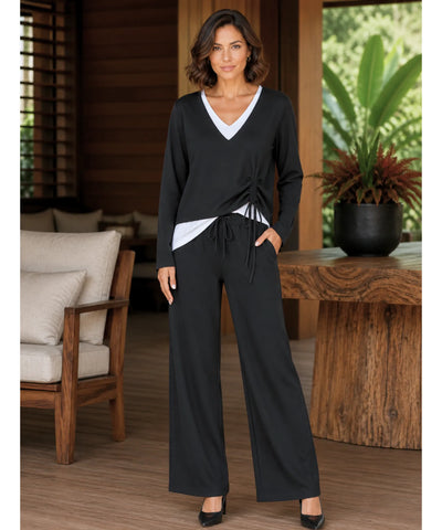Comprar conjunto tricot feminino 2 peças blusa gola V bicolor calça pantalona canelada casual elegante barata em promoção Anellimn