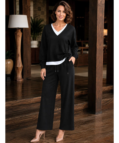 Comprar conjunto tricot feminino 2 peças blusa gola V bicolor calça pantalona canelada casual elegante barata em promoção Anellimn